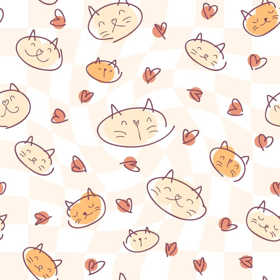 Doodle style seamless pattern of cats and hearts on grid disorted background. vector