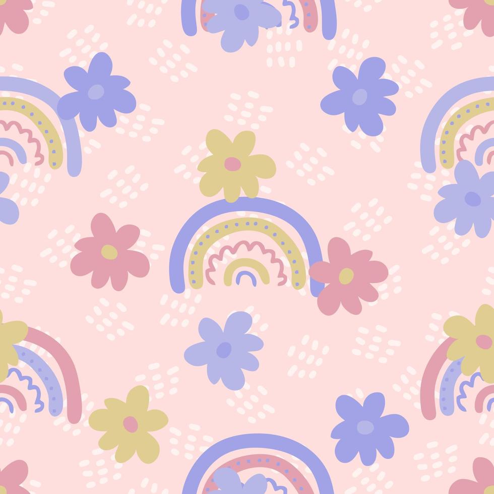 Groovy seamless pattern with flowers and rainbows in 1970s style. vector