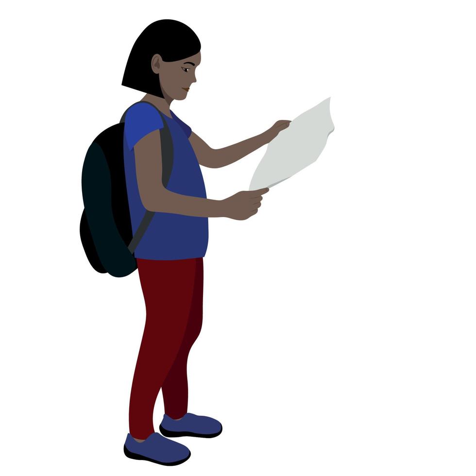 Portrait of a black girl with a backpack and a map in her hands, vector on a white background, road trip