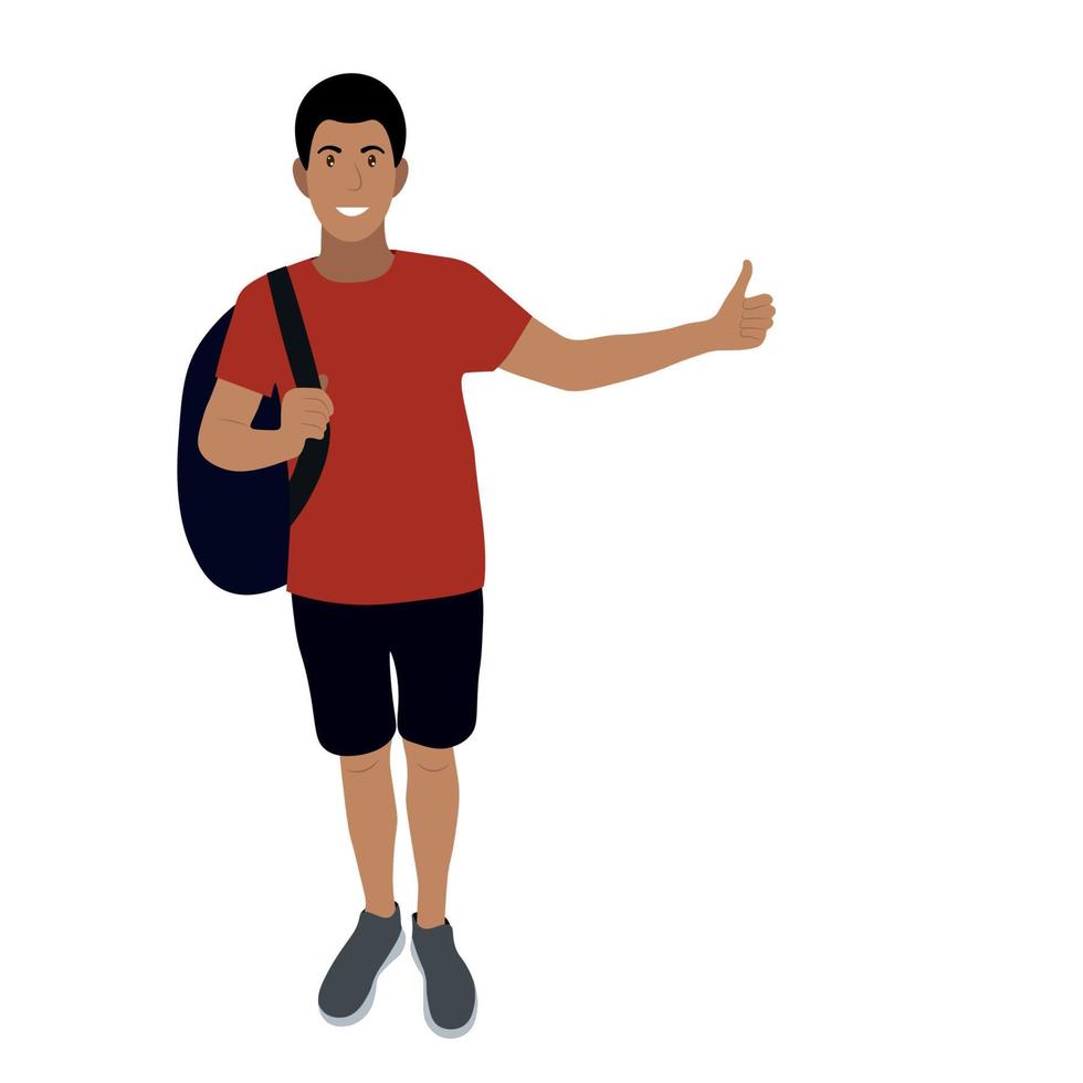Portrait of a indian guy with a backpack, hitchhiking, flat vector isolated on white background, traveler, road travel