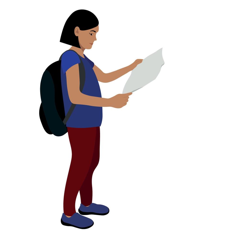 retrato de una niña india con una mochila y un mapa en las manos, vector de fondo blanco, viaje por carretera