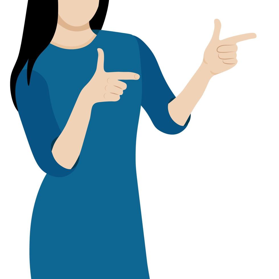 Portrait of a girl pointing out important information, flat vector, isolate on white background, faceless illustration vector