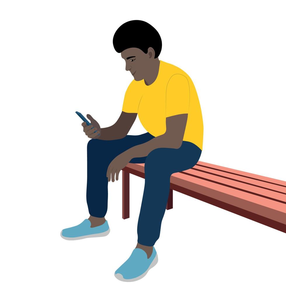 Portrait of a black guy who sits on a bench with a phone in his hand, vector isolated on a white background, the guy looks at the smartphone