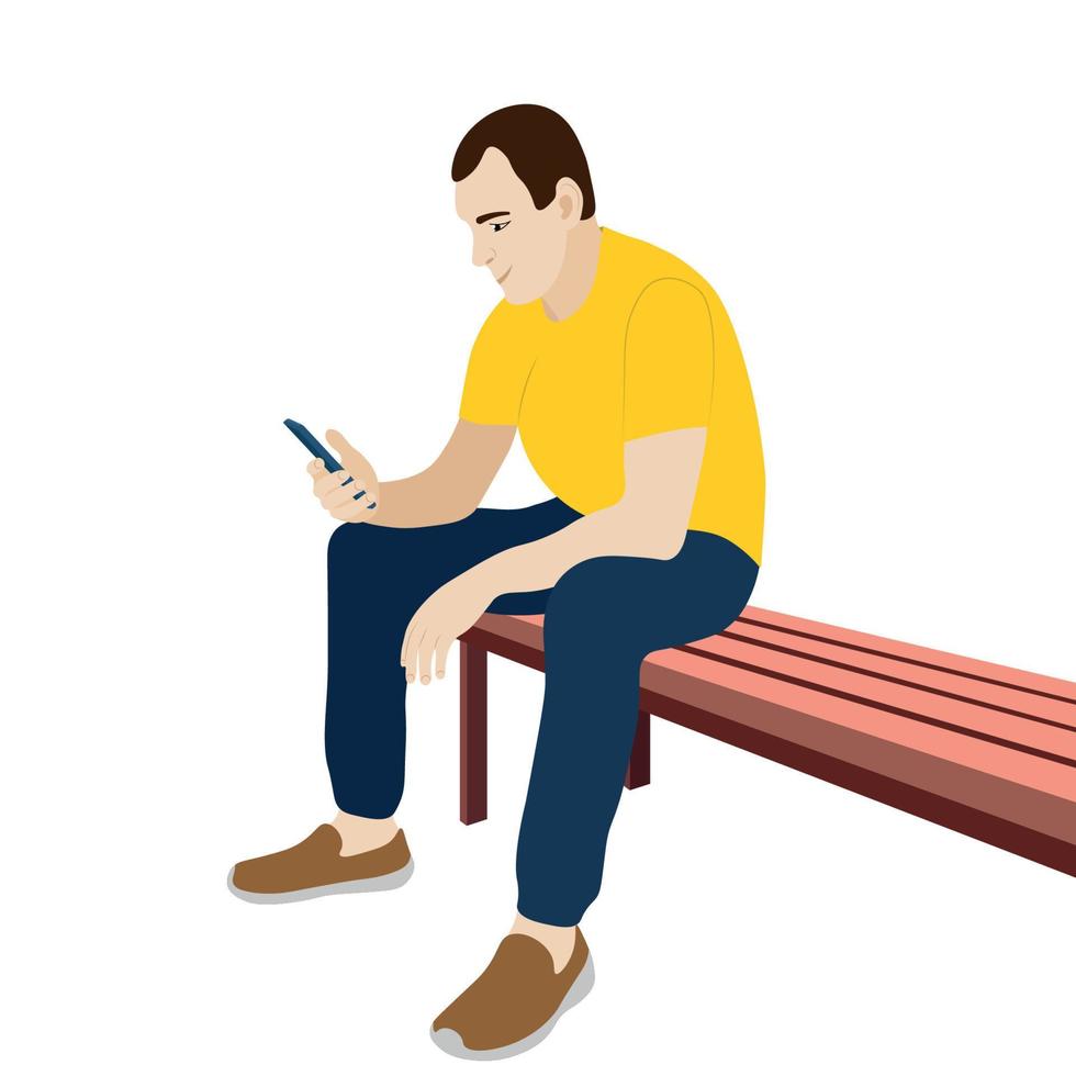 Portrait of a guy who sits on a bench with a phone in his hand, vector isolated on a white background, the guy looks at the smartphone