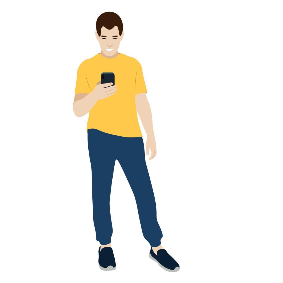 Portrait of a guy in full growth with a phone in his hand, vector isolated on a white background, the guy looks at the smartphone