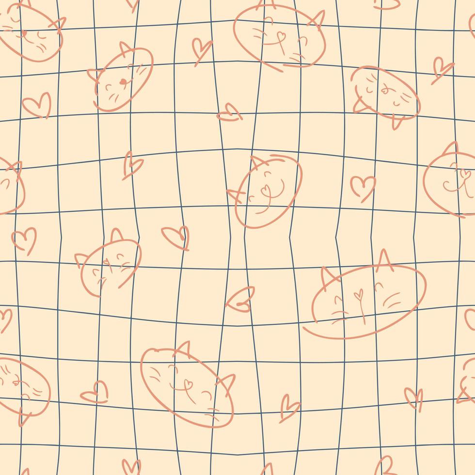 Doodle seamless pattern with cats and hearts on troppy grid background. vector