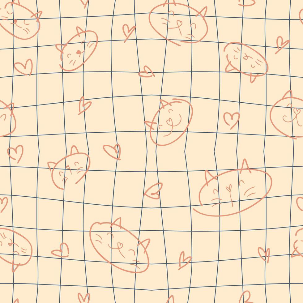 Doodle seamless pattern with cats and hearts on troppy grid background. vector