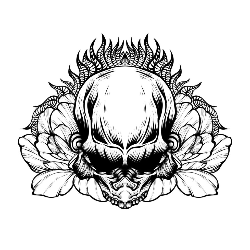 Ilustración de vector de tatuaje de flor de cráneo
