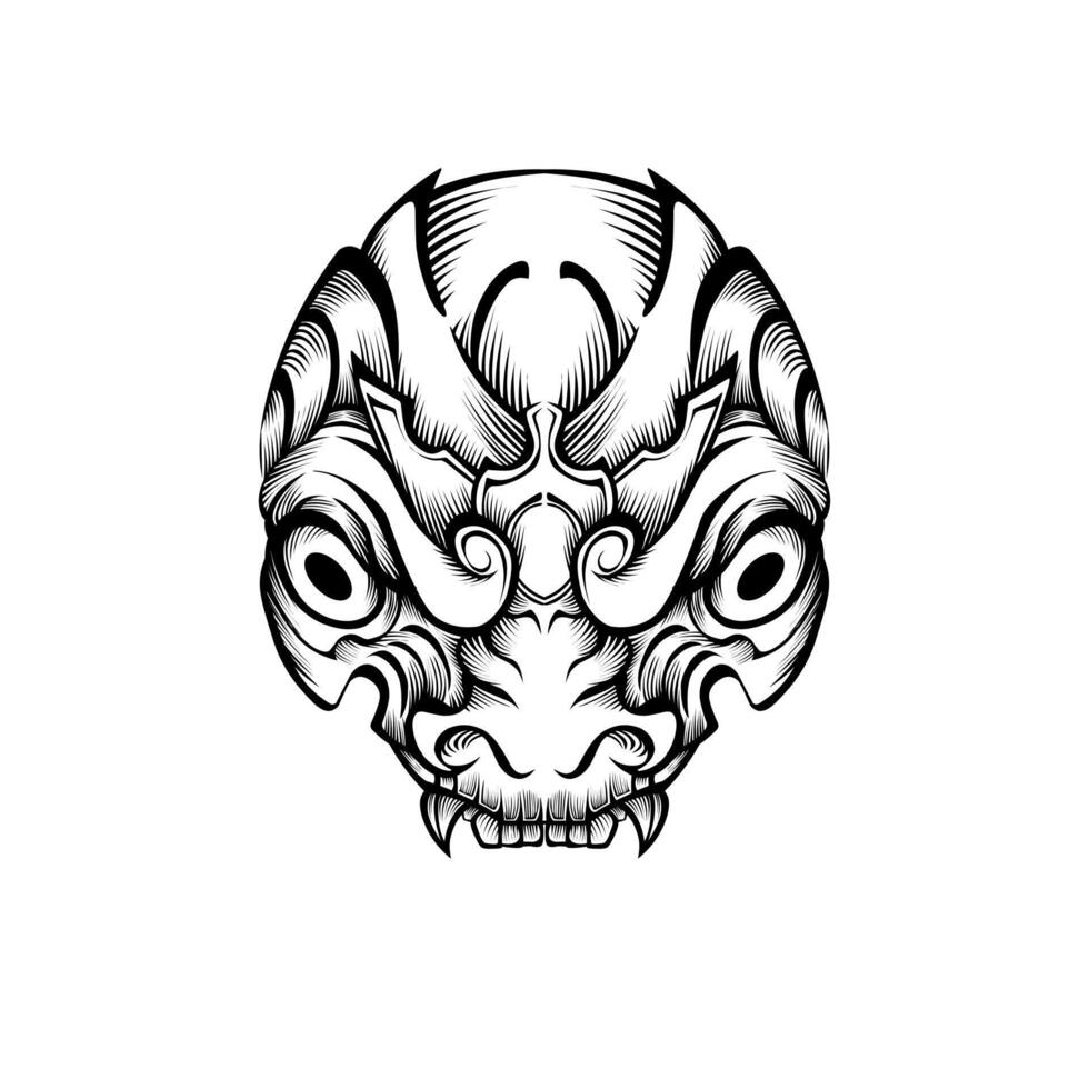 Hand drawn Japanese Oni demon mask coloring vector