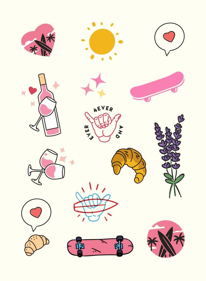 paquete de pegatinas de verano de surf y vino. dibujos sencillos de vino rosado, tablas de surf, shaka, croissant, puesta de sol y más. símbolos de amor, sol, surf y relajación. vector