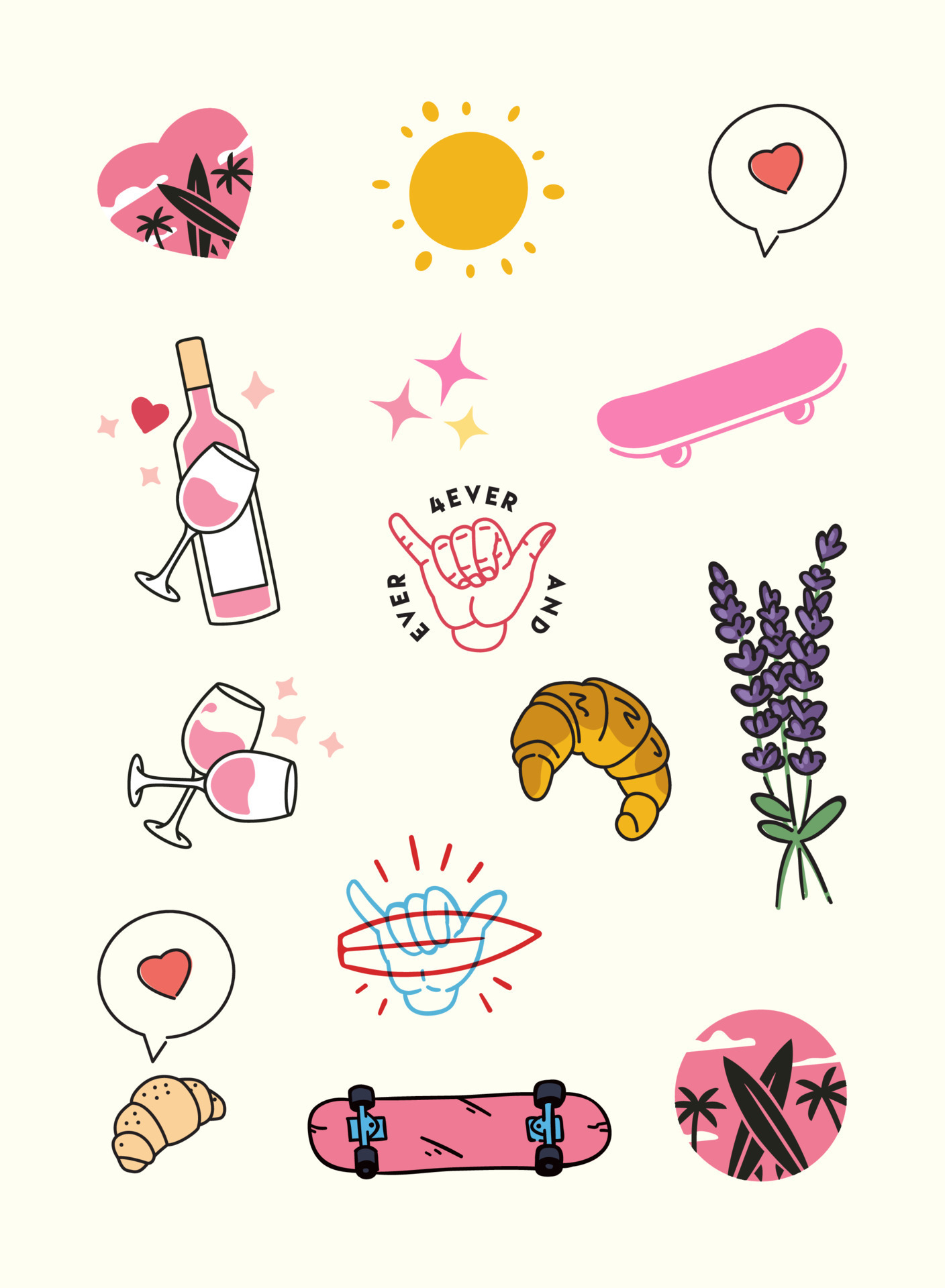 Surf And Wine Summer Sticker Pack. Simple Outline Drawings of Rose ...
