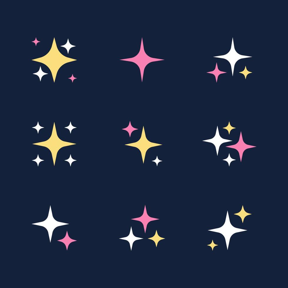 conjunto de estrellas vectoriales coloridas, destellos, magia y decoración oculta. conjunto de iconos de destellos brillantes de color rosa, amarillo y blanco. vector