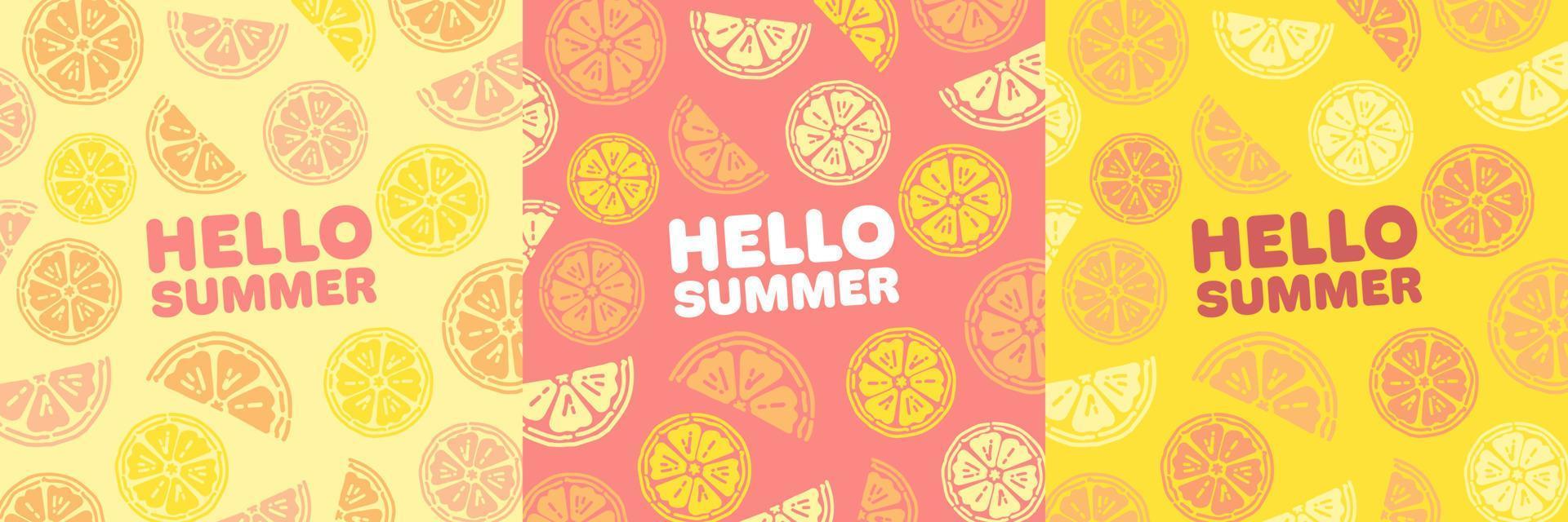 Hello Summer Citrus Backgrounds Collection, Square Template. Lemon, Orange, Grapefruit and Lime Juicy Backgrounds, suitable for Cafes, Menus, Restaurants, Prints and Designs. vector