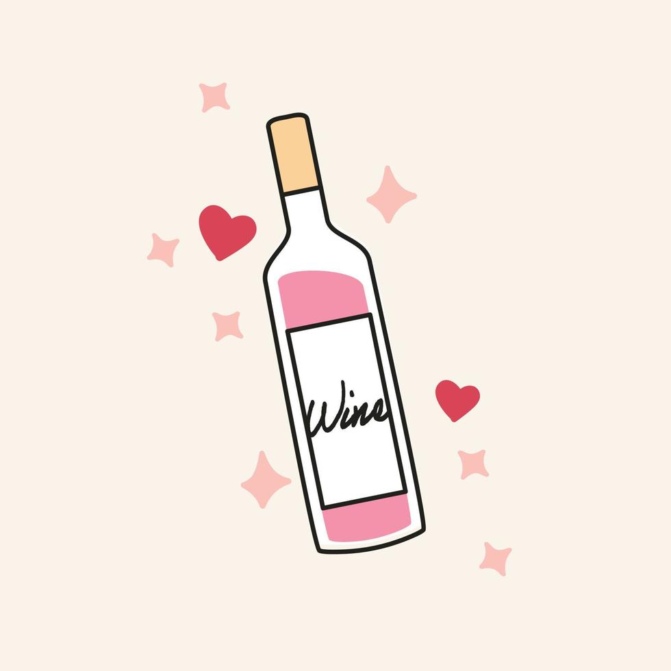 icono de ilustración de vino rosado dibujado a mano. diseño de esquema moderno que muestra una botella de vino rosado con destellos y corazones alrededor. vector aislado