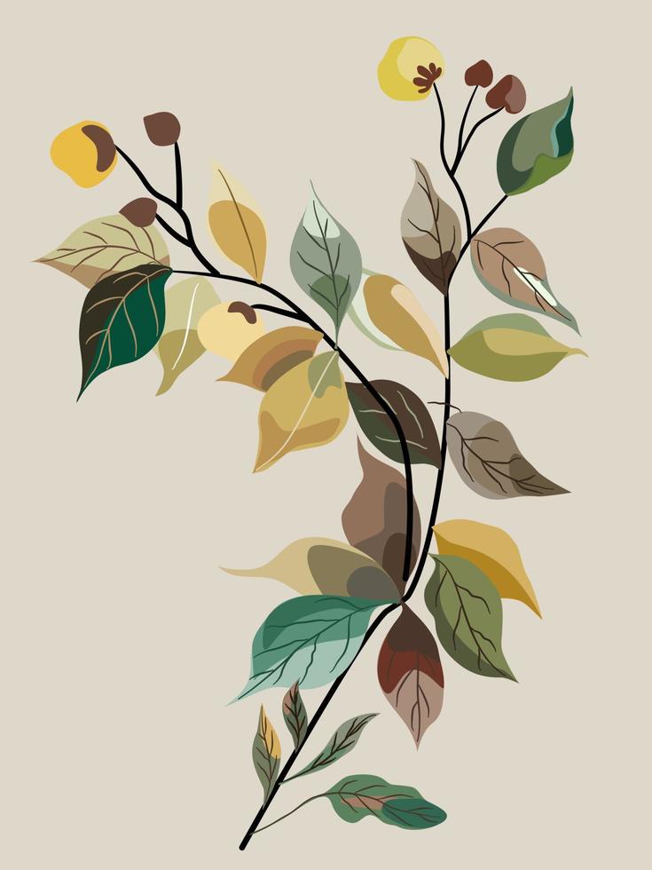A branch of many shades of green, yellow and red-brawn  color leaves. Flat vector, isolate image. vector