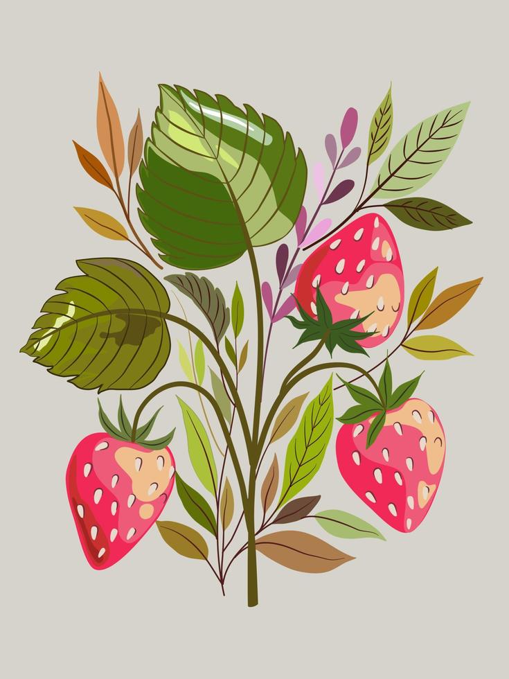 Branches of green, yellow and brown leaves and three red strawberries, hand drawn flat vector retro style, isolated image.