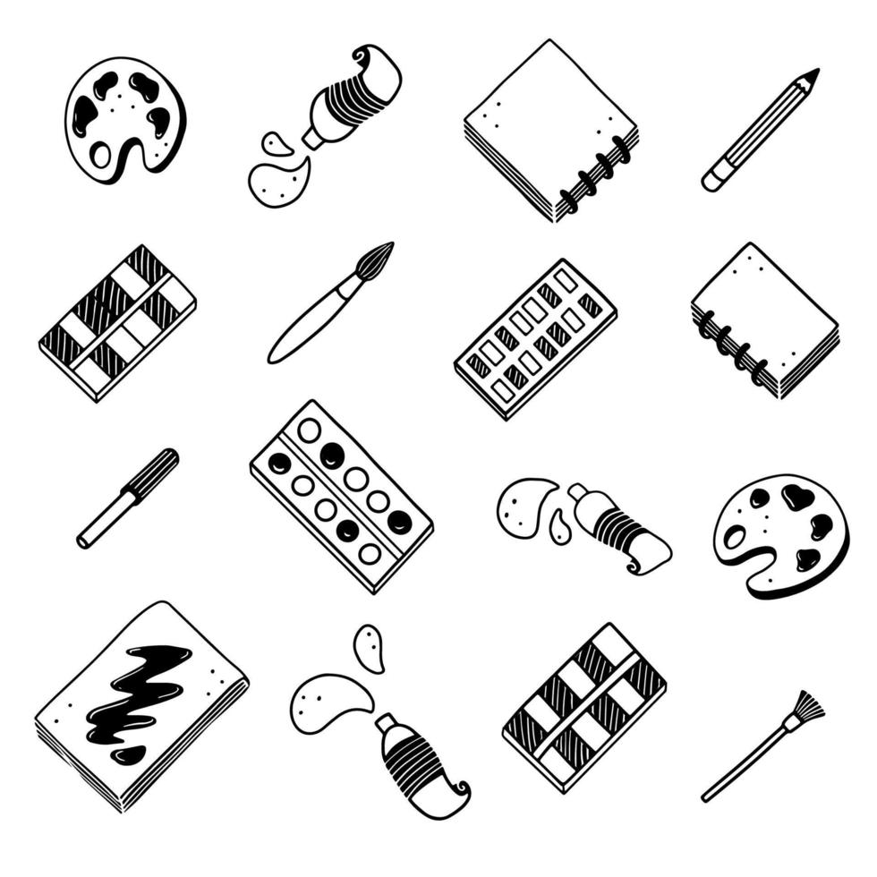 Hand drawn set of creatives, visual art themes doodle element. Vector illustration.