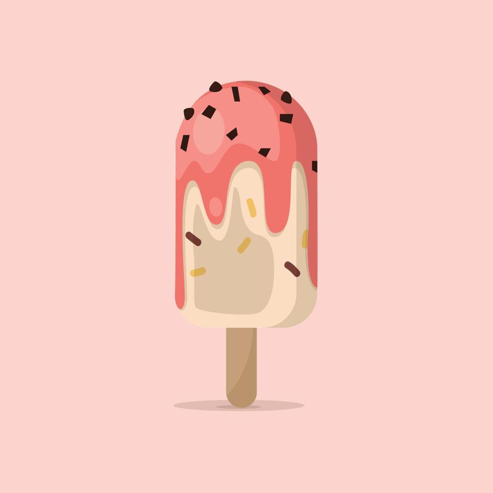 Strawberry chocolate chip ice cream popsicle illustration. vector