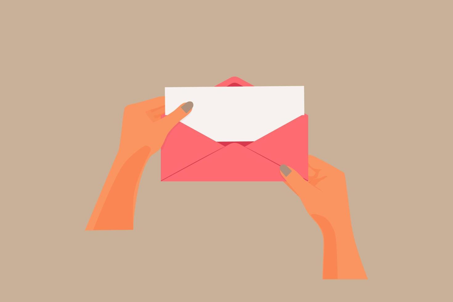 An open pink envelope in female hands. vector
