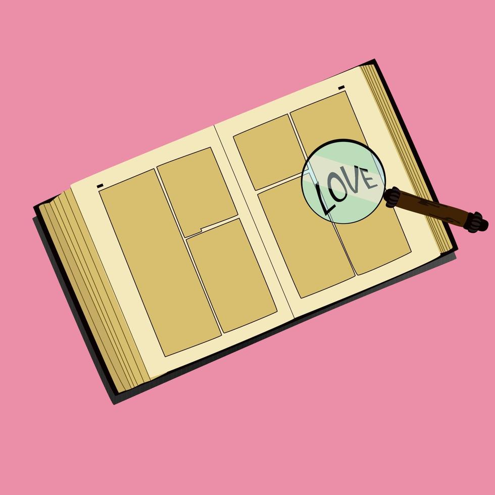 An open book with a romance novel and a magnifying glass on a pibk background. vector