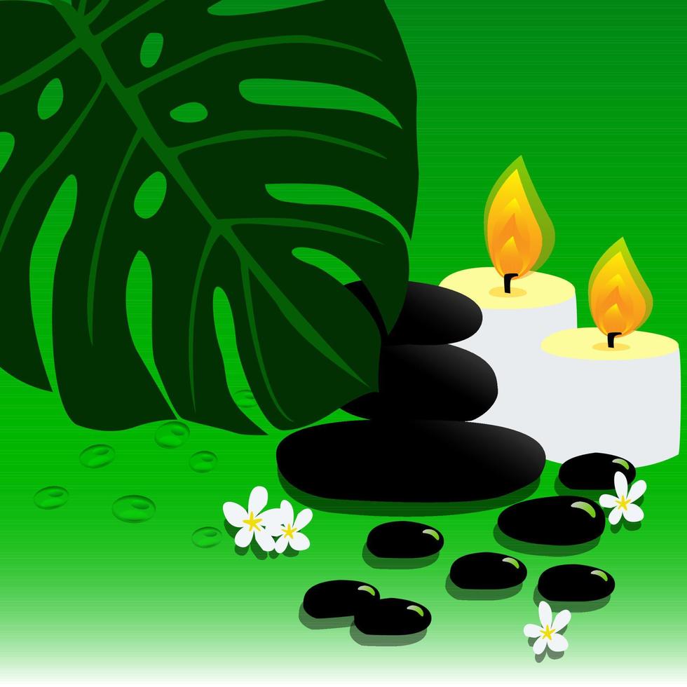 Spa balancing stones with candles and tropical leaf. vector