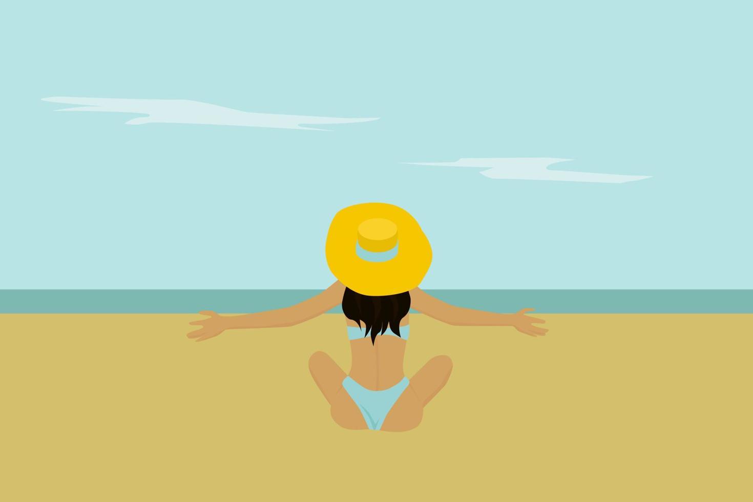 una mujer con un gran sombrero se relaja en la playa. vector