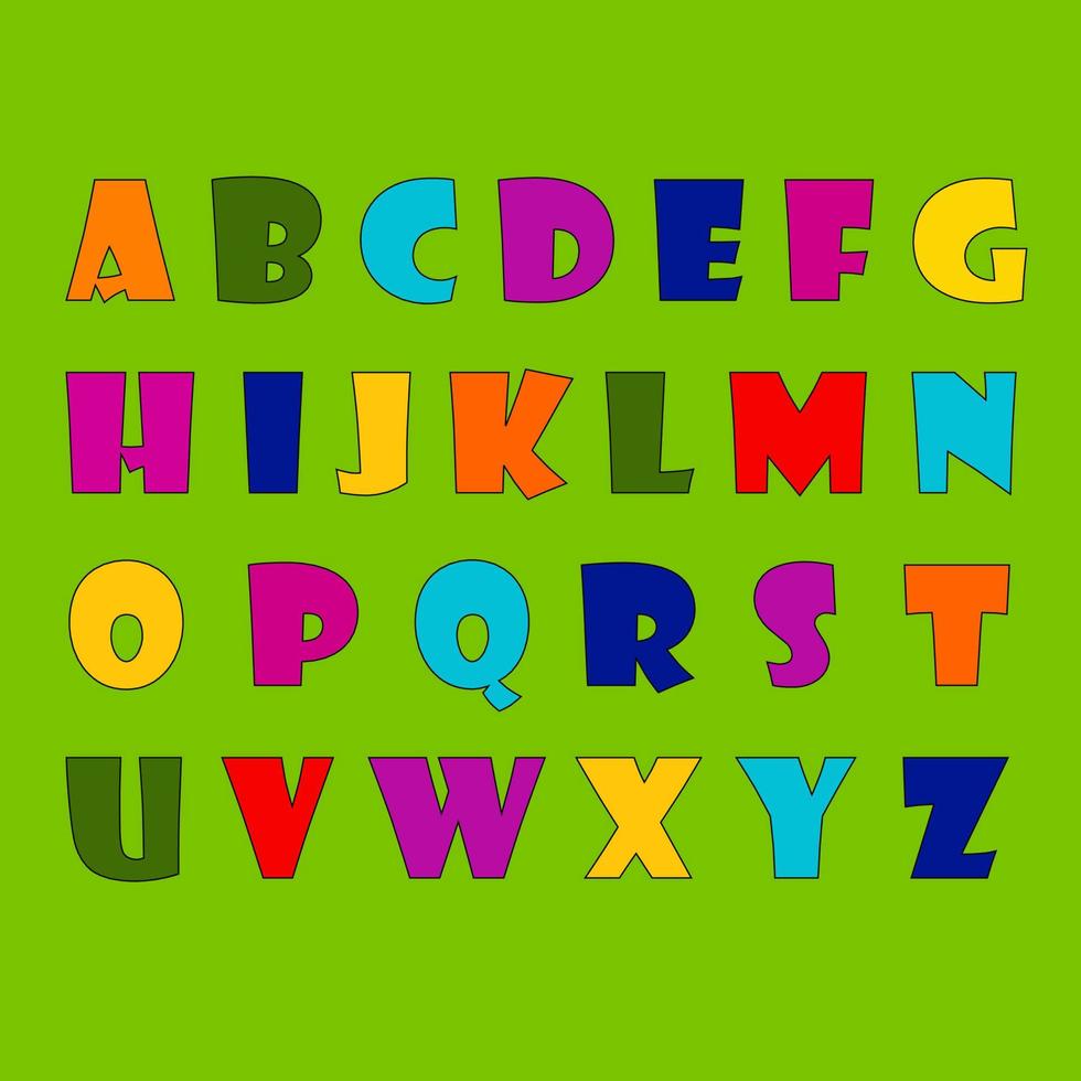 Colorful english alphabet on a green background in the cartoon style. vector