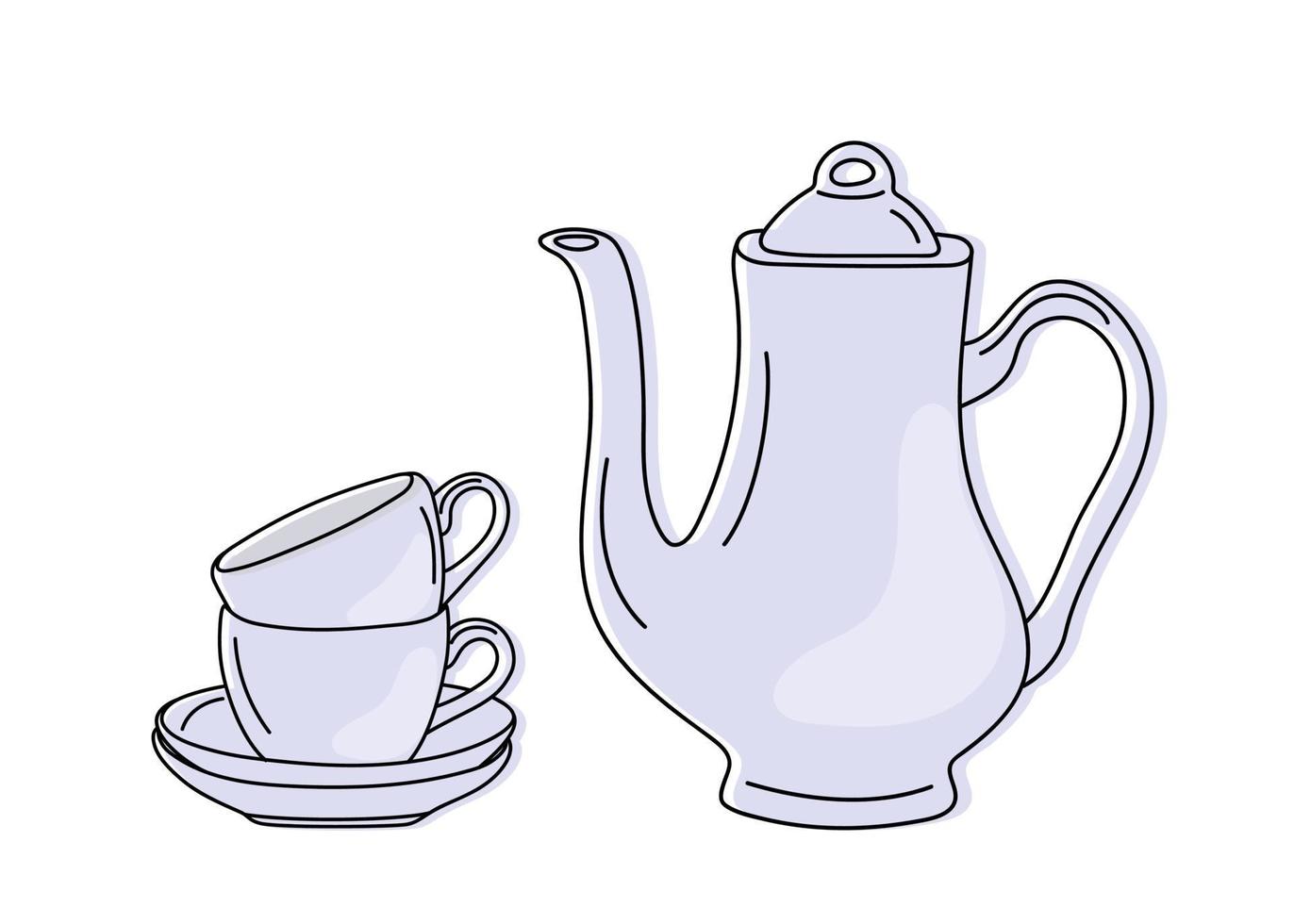 cafetera y tazas de cerámica dibujadas a mano. vector