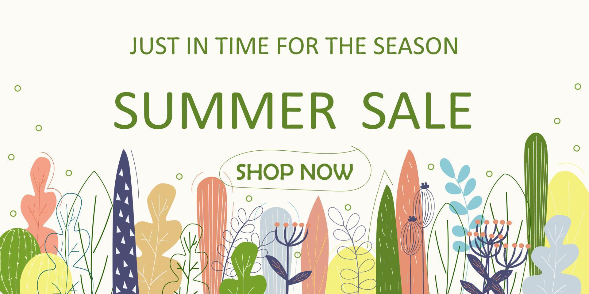 Summer sale banner with colorful plants. vector