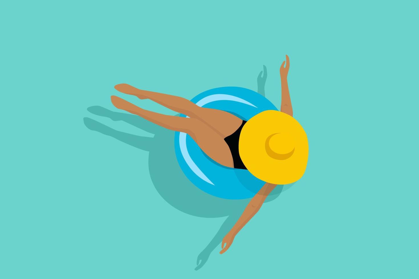 Woman in the big yellow hat floating on a blue lifebuoy. vector