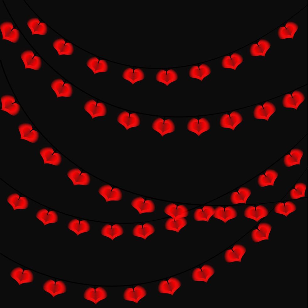 guirnaldas decorativas de corazones rojos sobre un fondo negro. vector