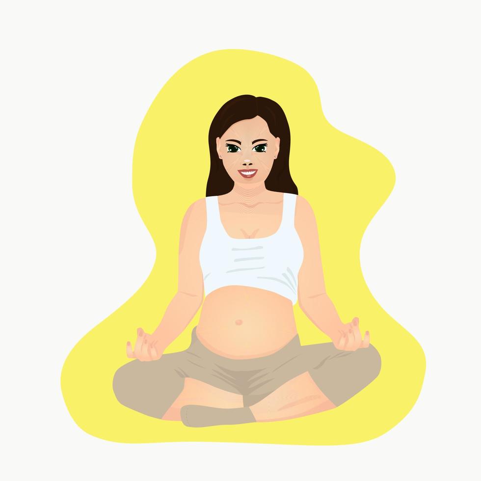 Smiling pregnant woman sitting in the lotus pose. vector