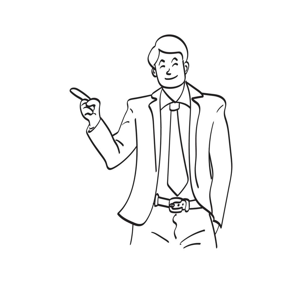 hombre de negocios de arte de línea con traje y corbata y señalando un espacio de copia con su dedo ilustración vectorial dibujada a mano aislada en fondo blanco vector