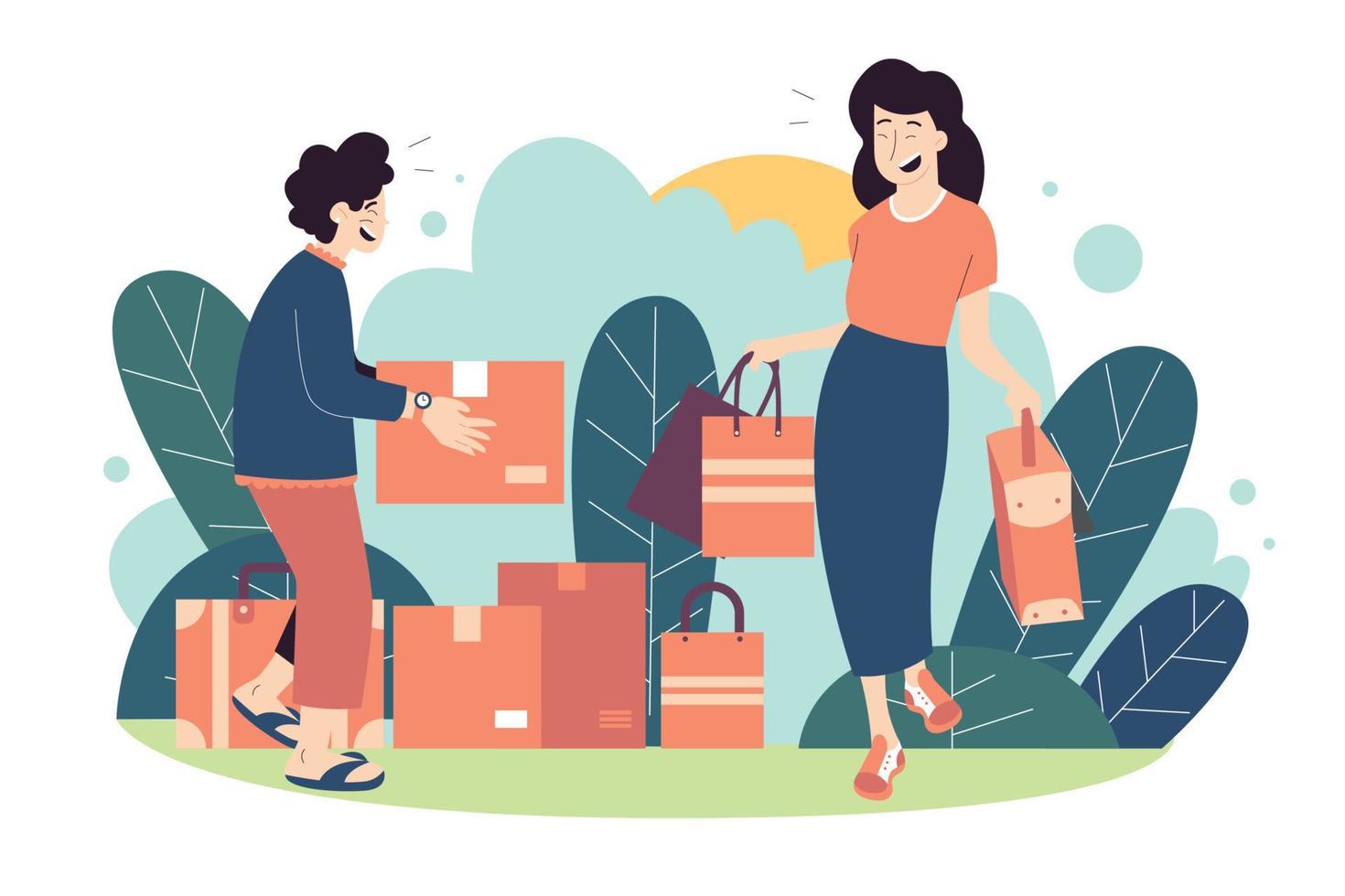 mujer ayuda a mover ilustración plana vector