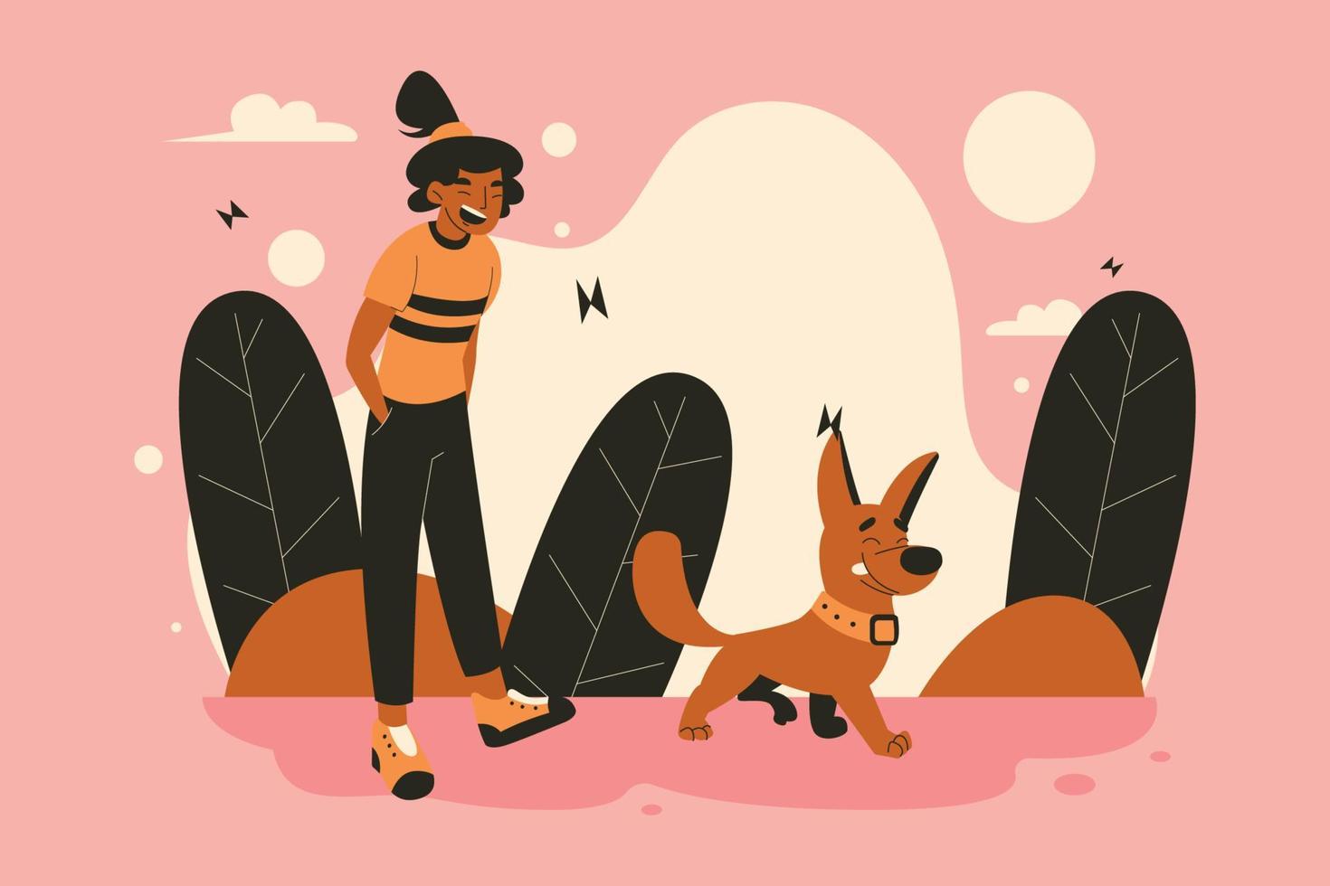 mujer jugando con cachorro ilustración plana vector