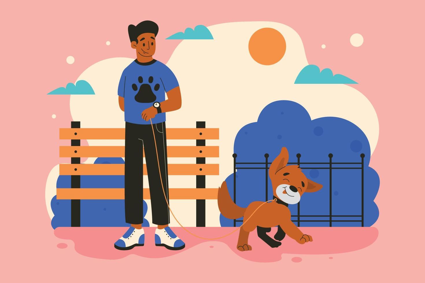 hombre paseando perro con correa ilustración plana vector