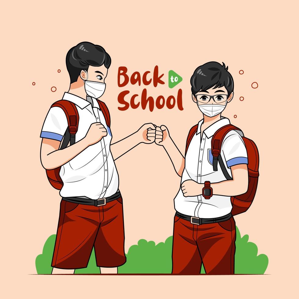 Greeting children with fists. Children wearing masks and backpacks vector illustration pro download