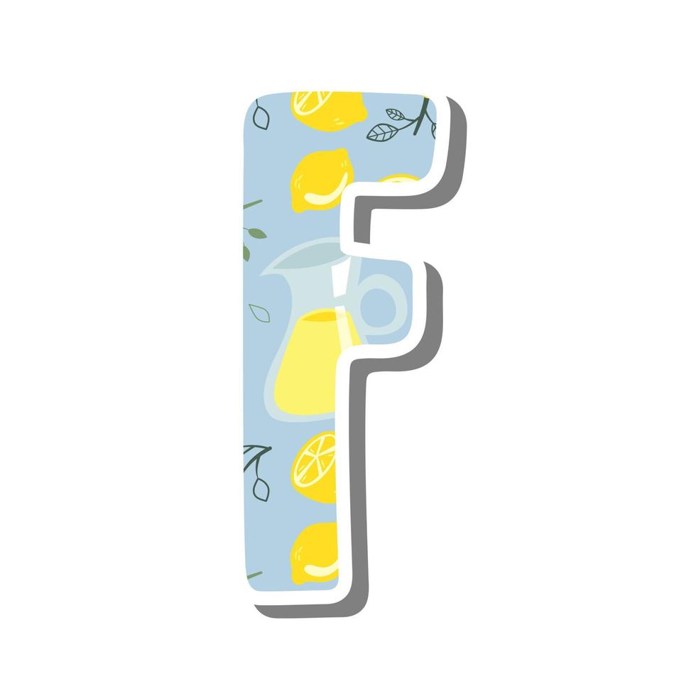 Cute uppercase alphabet 'F' with Lemonade Pattern on white silhouette and gray shadow. Lovely letter design for decoration. Vector Illustration about lettering.