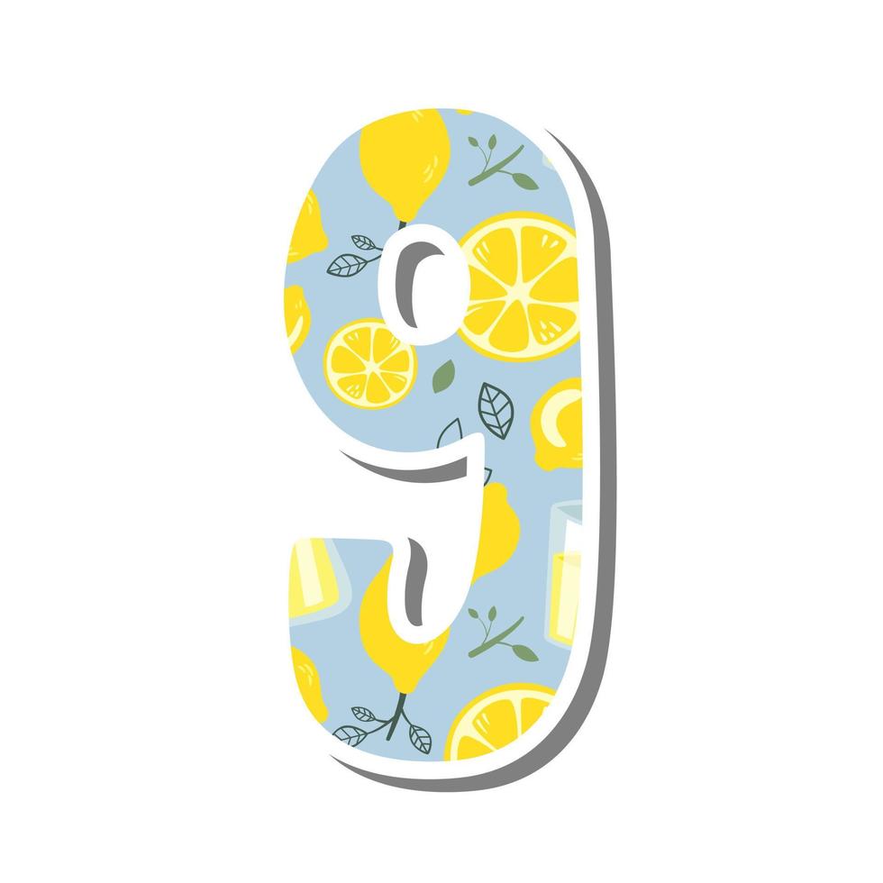 Cute number '9' nine with Lemonade Pattern on white silhouette and gray shadow. Lovely letter design for decoration. Vector Illustration about lettering.