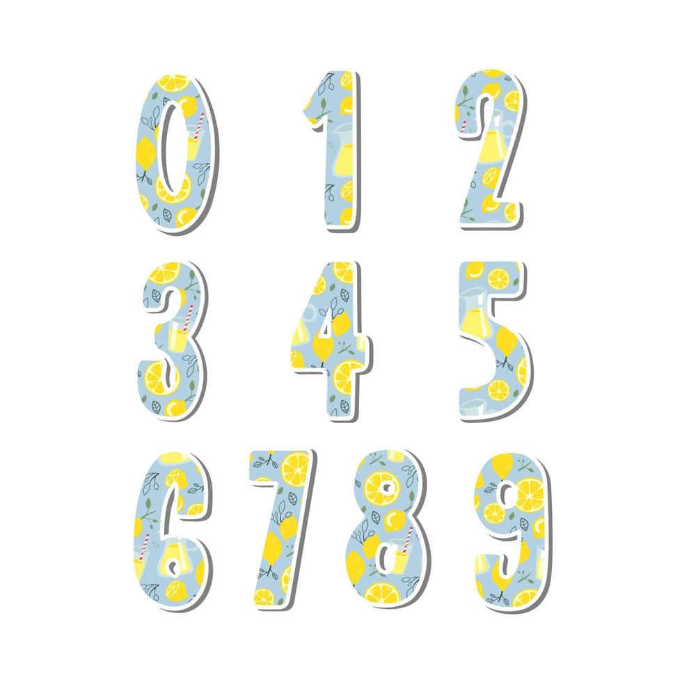 Cute number with Lemonade Pattern on white silhouette and gray shadow. Lovely letter design for decoration. Vector Illustration about lettering.