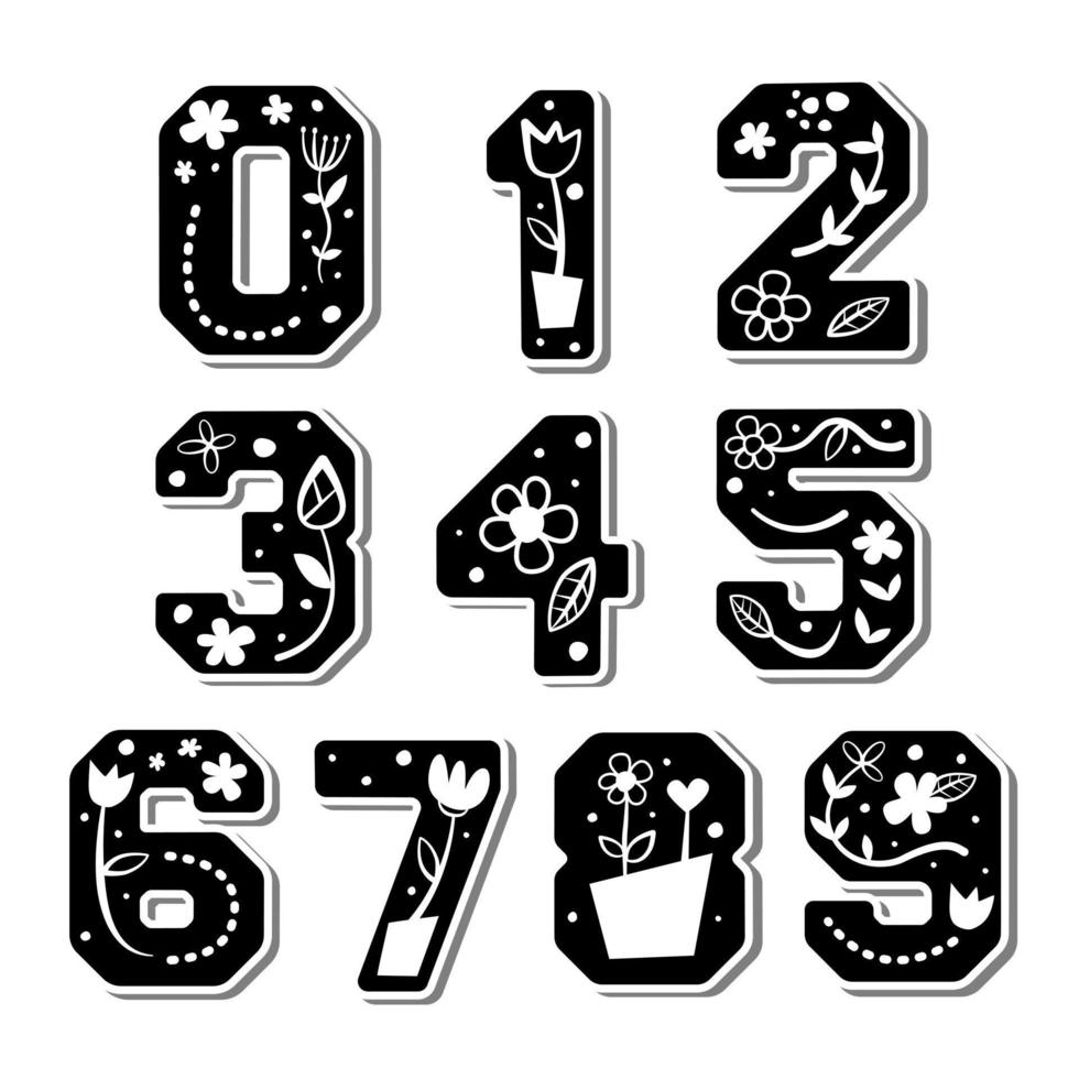 Cute number with doodle flower, leaves, vine and dots on white silhouette and gray shadow. Lovely letter design for decoration. Vector Illustration about lettering.