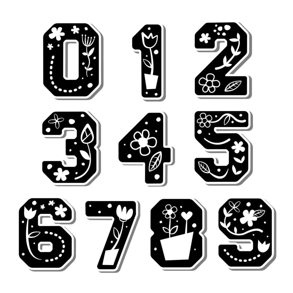 Cute number with doodle flower, leaves, vine and dots on white silhouette and gray shadow. Lovely letter design for decoration. Vector Illustration about lettering.