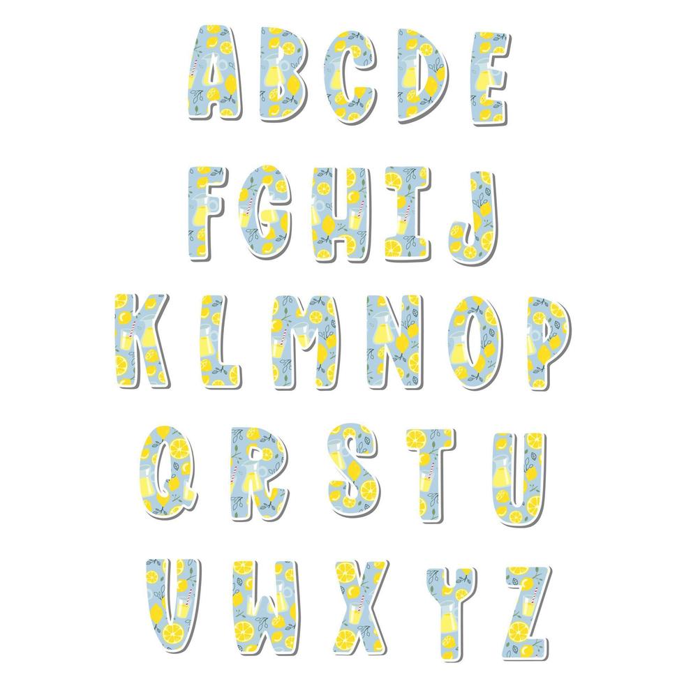 Cute uppercase alphabet with Lemonade Pattern on white silhouette and gray shadow. Lovely letter design for decoration. Vector Illustration about lettering.