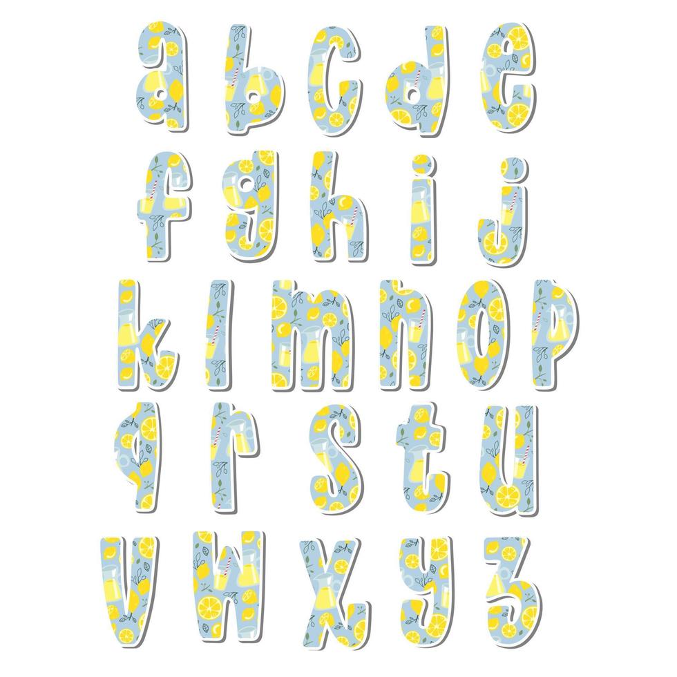 Cute lowercase alphabet with Lemonade Pattern on white silhouette and gray shadow. Lovely letter design for decoration. Vector Illustration about lettering.