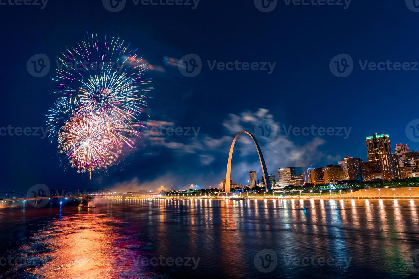 July 4th Fireworks over the Famous monument of Gateway Arch in Missouri