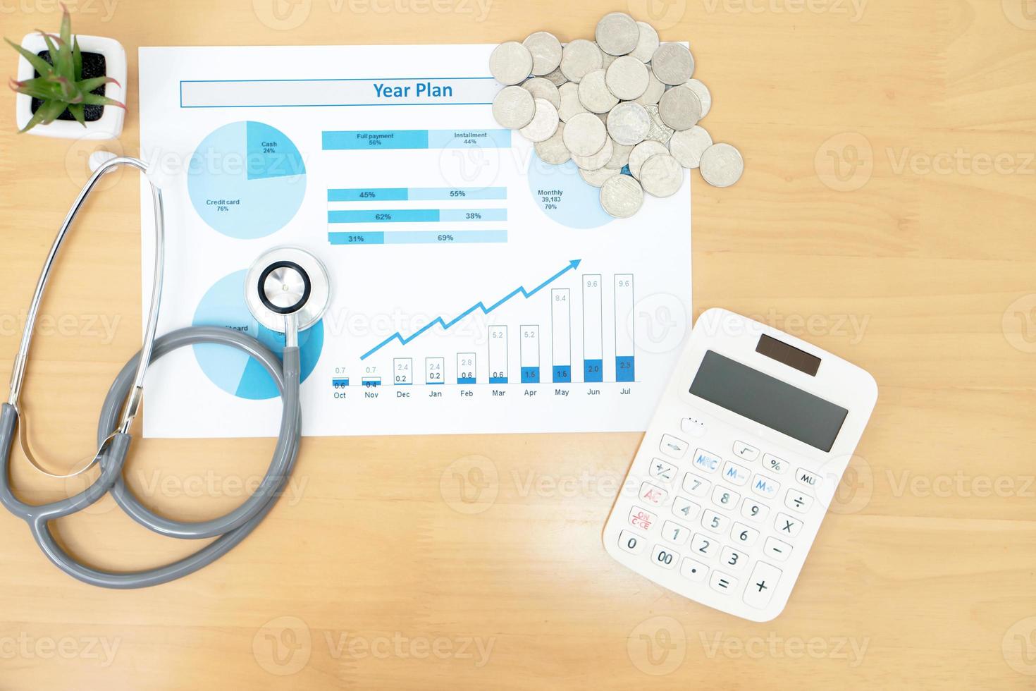 Stack of money coins with stethoscope checking photo