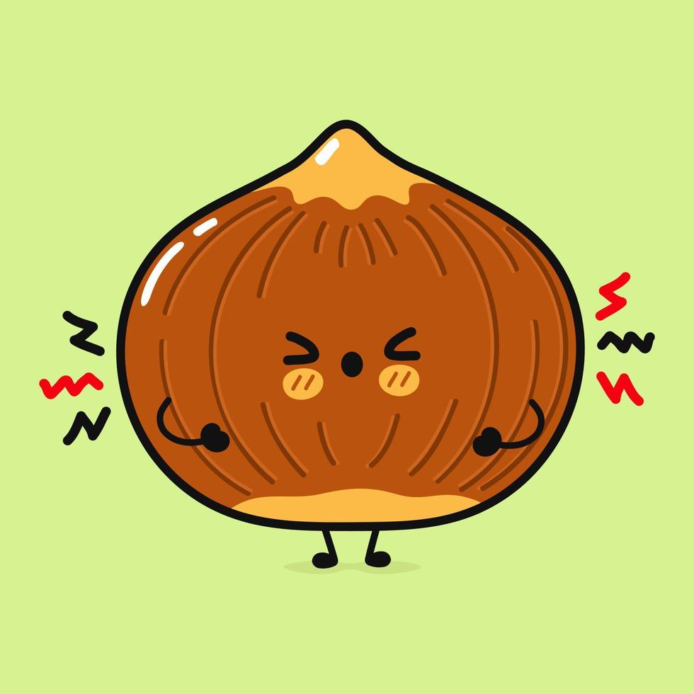 Cute angry hazelnut character. Vector hand drawn cartoon kawaii character illustration icon. Isolated on green background. Sad hazelnut character concept