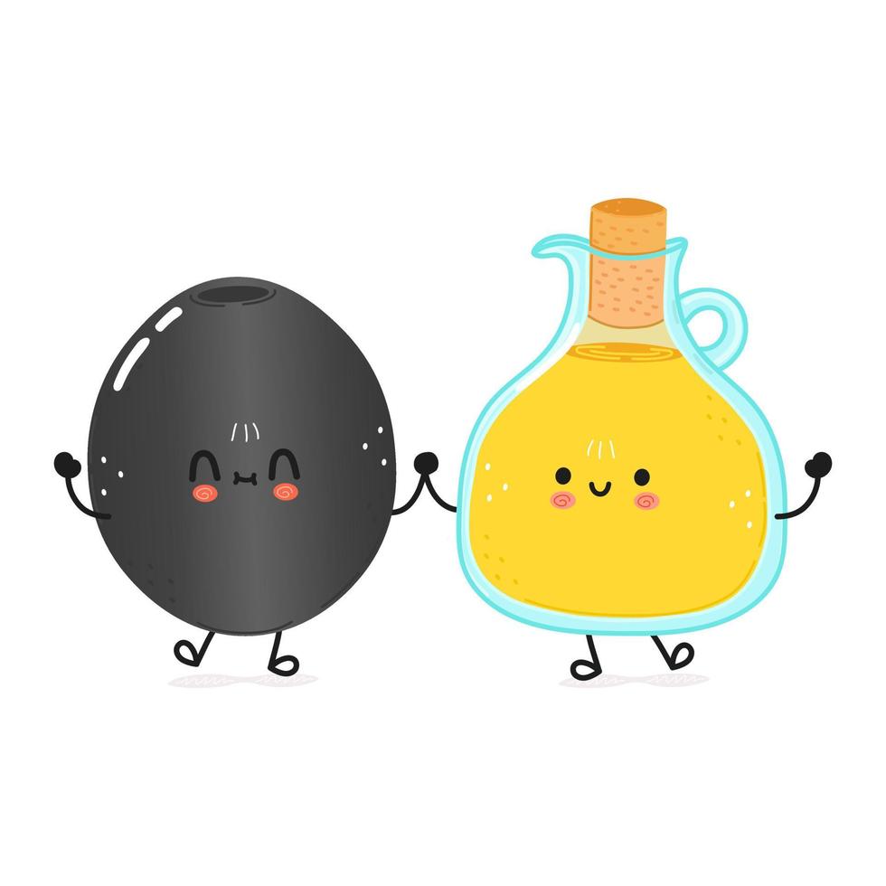 linda tarjeta feliz de aceitunas y aceite de oliva. diseño de icono de ilustración de personaje de dibujos animados de estilo de fideos dibujado a mano vectorial. tarjeta de concepto de amigos de aceitunas felices y aceite de oliva vector