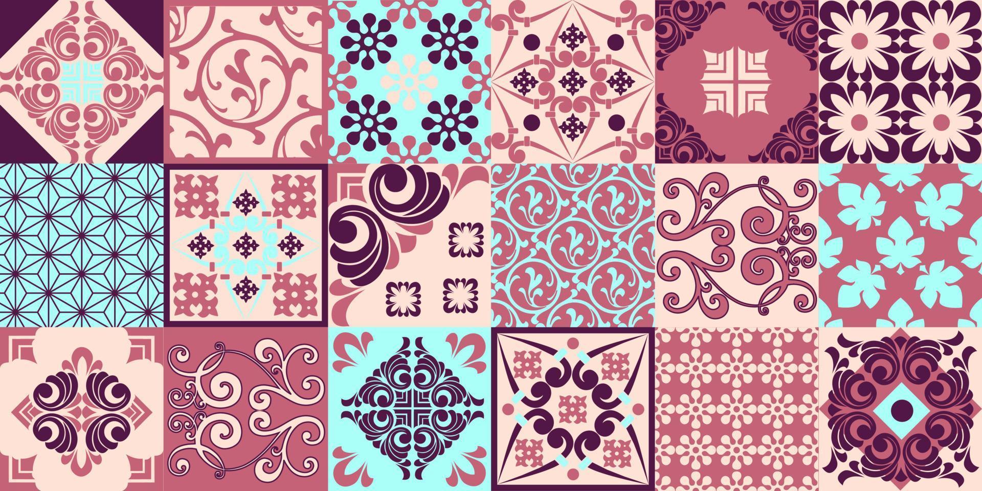 Seamless patchwork tile. Majolica pottery tile. Portuguese and Spain decor. Ceramic tile in talavera style. Vector illustration.  Abstract seamless patchwork pattern with geometric and floral ornament