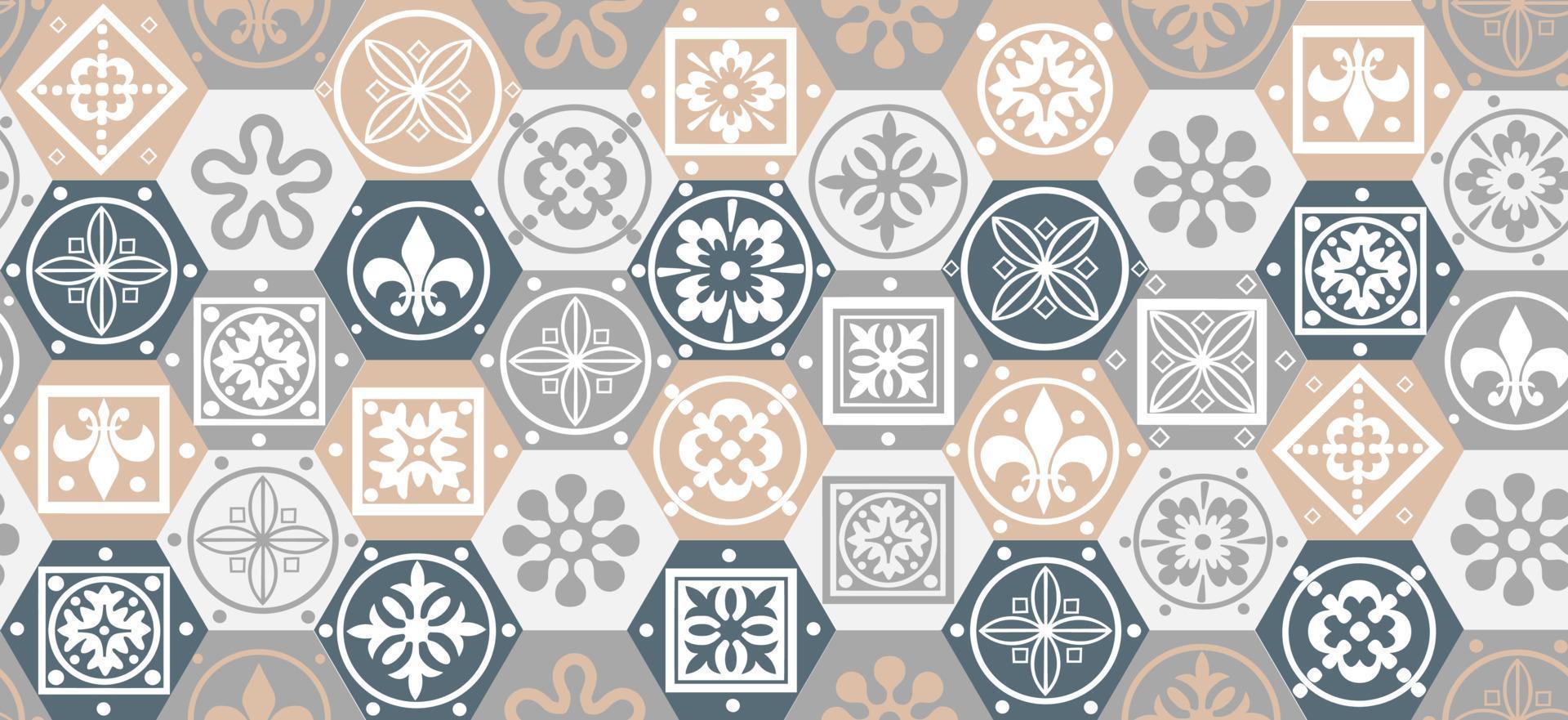 Seamless patchwork tile. Majolica pottery tile. Portuguese and Spain decor. Ceramic tile in talavera style. Vector illustration.  Abstract seamless patchwork pattern with geometric and floral ornament